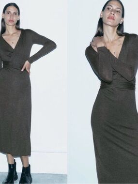 Zara Long Sleeve Wrap Midi Dress in Grey